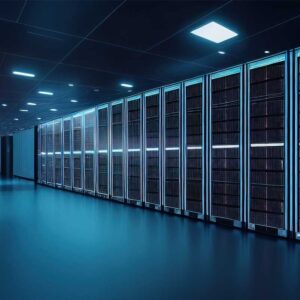 Data center with rows of server racks in a cool, blue-lit room.