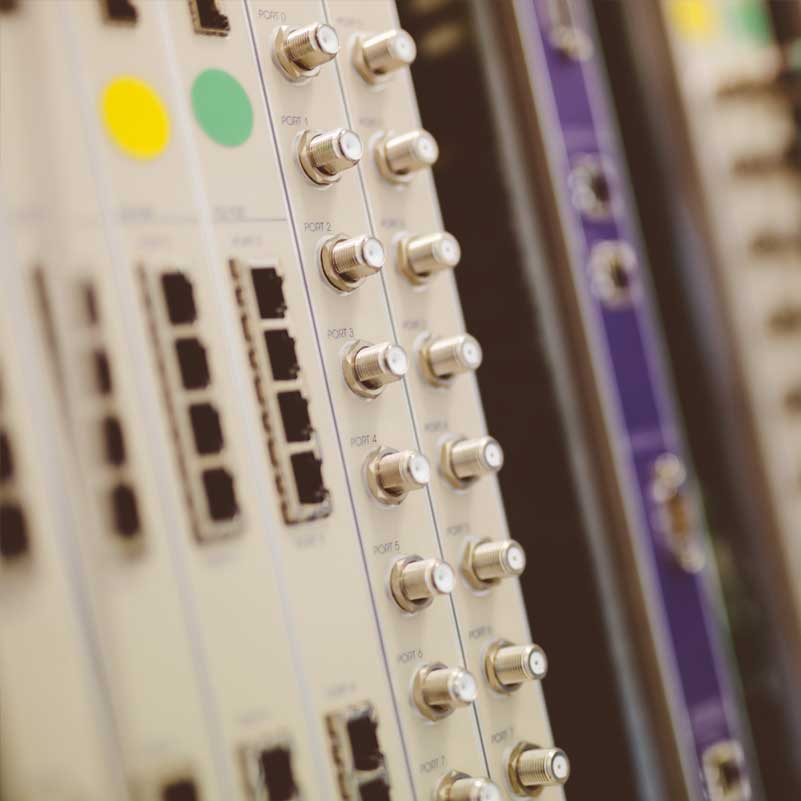 Hardware firewall appliance ports and connectors, close-up view.