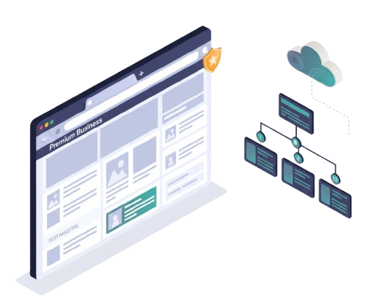 Website with "Premium Business" displayed, connected to a cloud-based data network.