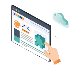 Web design interface with puzzle piece being dragged to cloud storage.
