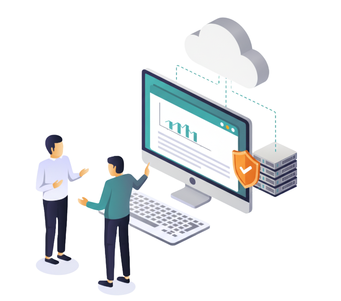 Two people discussing WordPress hosting, with a computer, cloud, and server in the background.