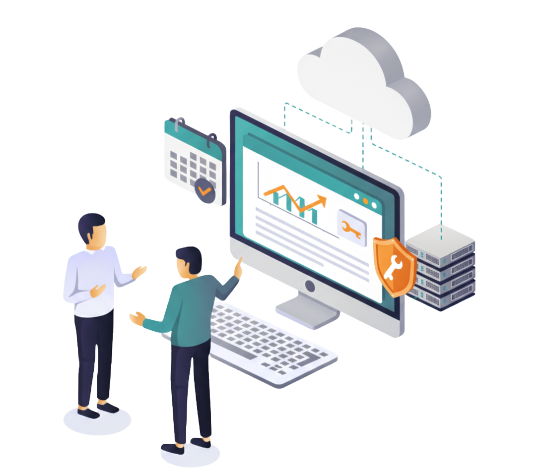 WordPress hosting illustration: Two people discussing server maintenance, cloud services, and data security.