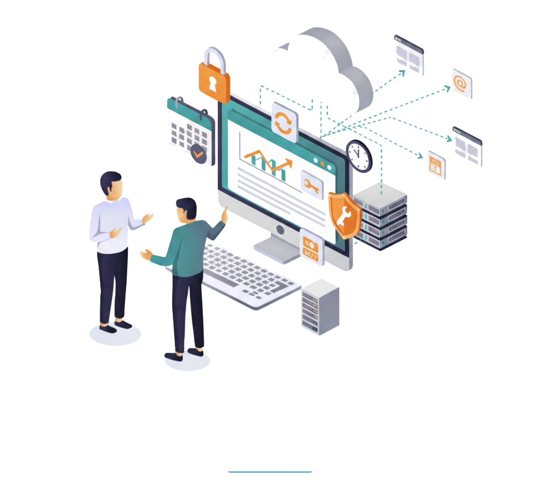 Two men discussing data on a computer screen with cloud and server icons
