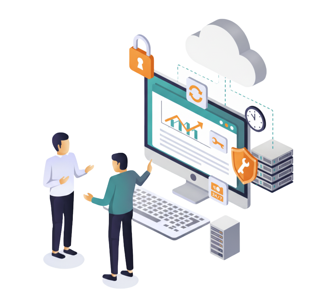 WordPress hosting illustration: Two people discussing server security, cloud, and uptime.