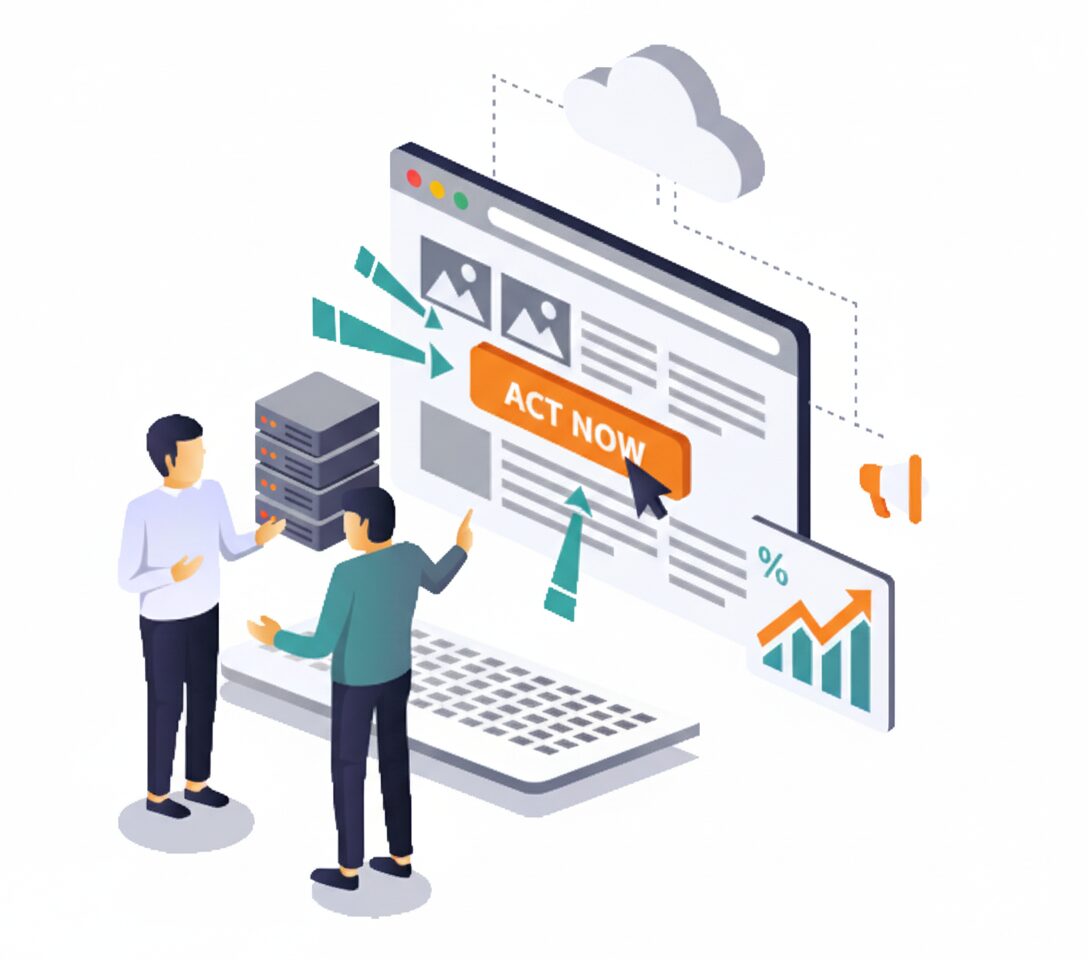 Two people discussing a website with an "Act Now" button, server, cloud, and growth chart.