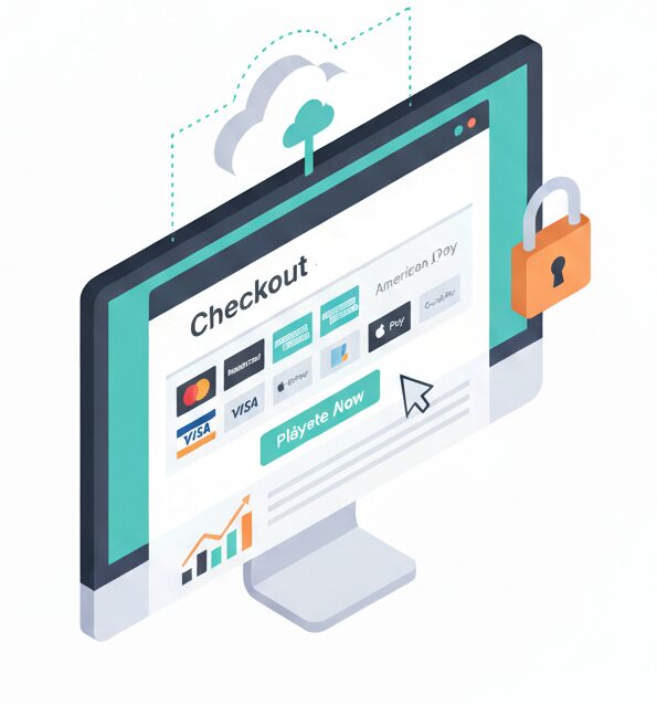 E-commerce checkout page with payment options and a security padlock, illustrating secure online transactions.