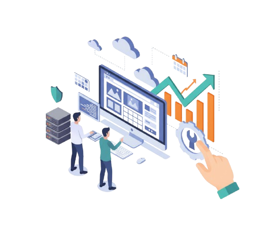 Data analytics dashboard with two people analyzing charts and graphs, indicating business growth.