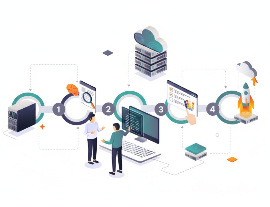 Software development process: Server, analysis, coding, cloud deployment, and launch.