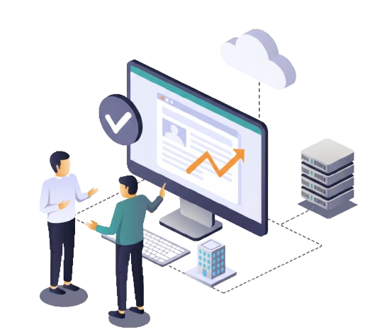 Two people analyzing data on a computer connected to cloud and server for Reseller insights.