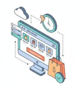 Illustration of an e-commerce website on a monitor with shopping elements