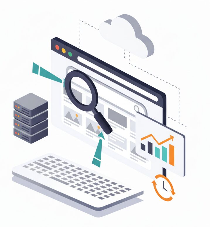 E-commerce website design concept with search, data, and cloud elements.