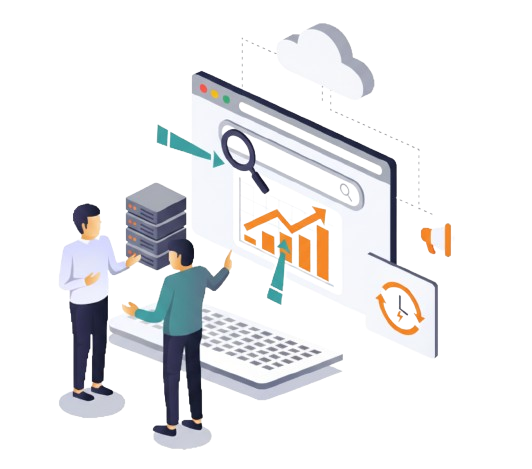 SEO analysis: Two people analyzing website data with charts, cloud storage, and server.