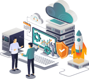 WordPress hosting concept: Two developers manage server, cloud, and security for website launch.