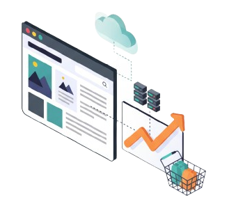 Website interface connected to cloud, servers, and a shopping cart with rising sales chart.