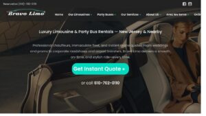 Luxury limousine and party bus rental website banner with contact details