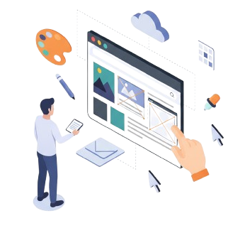 Man designing a website interface with digital tools and icons