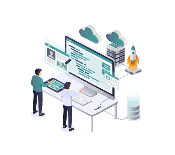 Software developers working on cloud-based application development with code and servers.