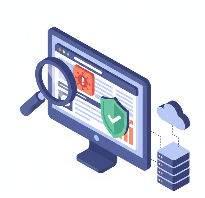 Computer displaying security icons with magnifying glass, cloud, and server